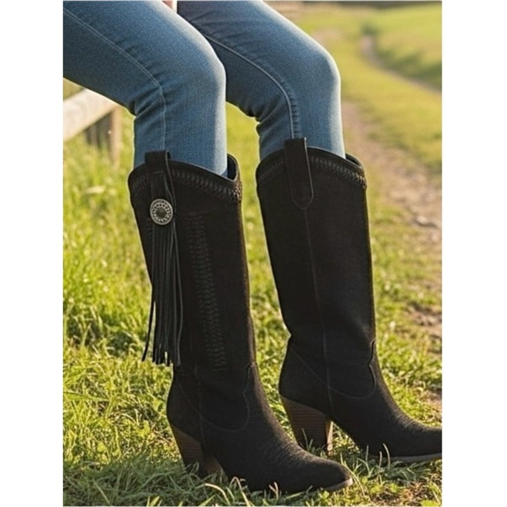 Reba Genuine Suede Fringed Black Heeled Western Boots